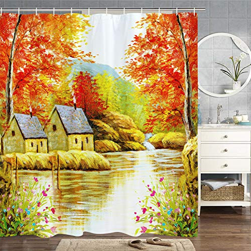 BLEUM CADE Autumn Theme Nature Scenery Shower Curtain Mountain Stream Bathroom Shower Curtain Durable Waterproof with 12 Hooks