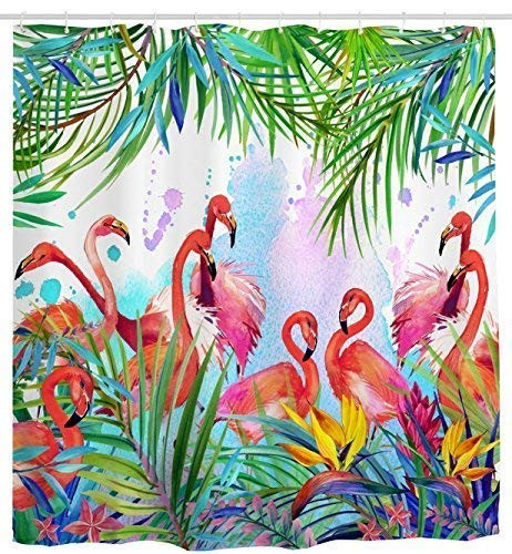 Flamingo Shower Curtain, Flamingos with Tropical Leaves and Flowers Pattern Waterproof Fabric Bathroom Shower Curtains, 60W by 72H, Pink Green