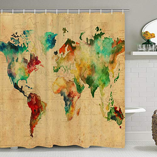 Smurfs Yingda Bathroom Shower Curtain Colorful World Travel Map Shower Curtains with 12 Hooks, Durable Bath Curtain Waterproof Bathroom Curtain
