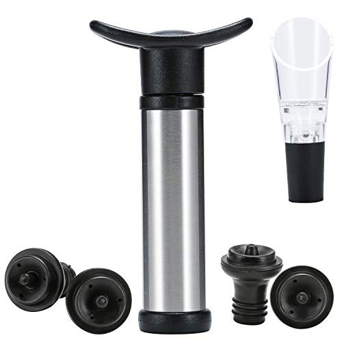 DIFENLUN Vacuum Wine Stoppers, Original Stainless Wine Saver with 1 Wine Vacuum Preserver Pump, 4 Reusable Valve Air Rubber Bottle Stoppers, Free Give 1 Wine Aerator Pourer