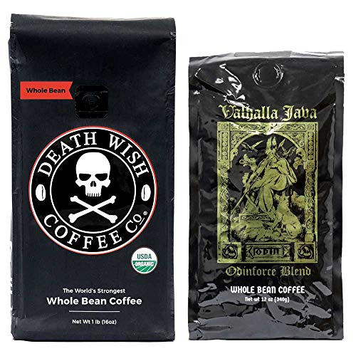 Death Wish & Valhalla Java Whole Bean Coffee Bundle Deal, USDA Certified Organic & Fair Trade (1 of Each Bag)