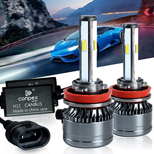H11 LED Headlight Bulbs Conversion Kit Anti Flicker with 5 Sides Chips Hi/Lo Beam, 11000LM Cool White 6000K with 2-year Warranty