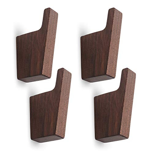 Pack of 4, Simple Style, Natural Black Walnut Wood Coat Hooks, Wall Mounted Modern Single Organizer Hangers, Wooden Hook Handmade Craft Clothes Hat Hanger Towel Umbrella Rack
