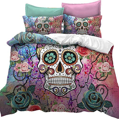 Feelyou Sugar Skull Duvet Cover Set Full Size Skull Pattern Bedding Set Bones Roses Floral Print Gorgeous Decorative Micorfiber Polyester Comforter Cover Set Watercolor with 2 Pillow Shams, 3Pcs