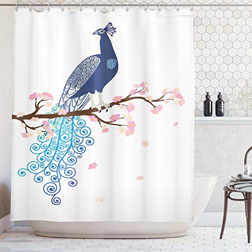 Ambesonne Peacock Decor Collection, Illustration of Abstract Peacock on Blossom Tree Branch Ornate Summertime Image, Polyester Fabric Bathroom Shower Curtain, 75 Inches Long, Navy Blue Pink