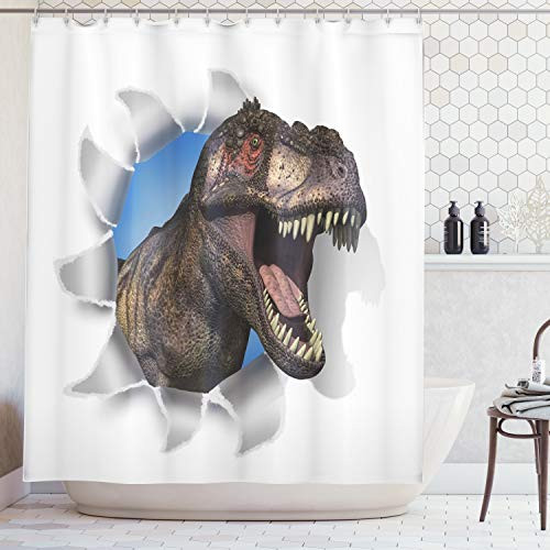 Ambesonne Jurassic Decor Collection, A Tyrannosaurus Rex Pokes His Head Through Paper Wall Dinosaurs Extinct Large Image, Polyester Fabric Bathroom Shower Curtain, 84 Inches Extra Long, Olive White