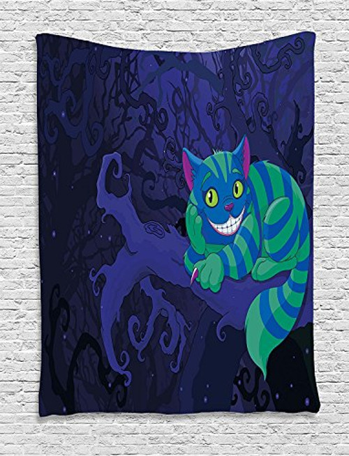 Ambesonne Alice in Wonderland Decorations Collection, Chester Cat Sitting on Branch in Fairy Forest Character Alice, Bedroom Living Room Dorm Wall Hanging Tapestry, Green Blue Purple