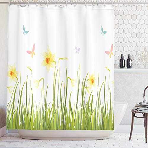 Ambesonne Daffodil Decor Collection, Daffodil Field with Butterflies in Meadow Grass Springtime Park Easter Illustration, Polyester Fabric Bathroom Shower Curtain, 75 Inches Long, Yellow Green