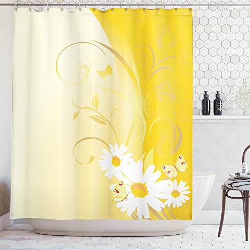 Ambesonne Yellow Decor Collection, Swirling Curving Chamomile Flowers with Flying Butterflies Nature Style Summer Decor , Polyester Fabric Bathroom Shower Curtain, 84 Inches Extra Long, Yellow White
