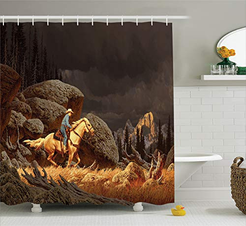 Ambesonne Western Shower Curtain, Rock Mountain Landscape with Cowboy Riding Horse NorthmericStyle, Cloth Fabric Bathroom Decor Set with Hooks, 70" Long, Earth Yellow