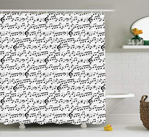 Ambesonne Music Shower Curtain, Abstract Style Professional Music Pattern with Notes and Clef Sheet Play Writing, Cloth Fabric Bathroom Decor Set with Hooks, 75" Long, Black White