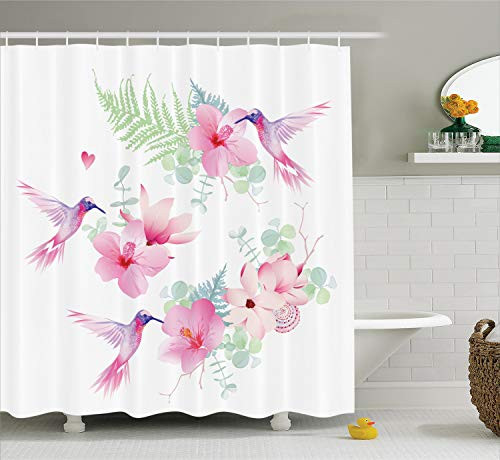 Ambesonne Hummingbirds Shower Curtain, Tropical Flowers with Flying Hummingbirds Wild Nature Blooms, Cloth Fabric Bathroom Decor Set with Hooks, 75" Long, Pink Purple