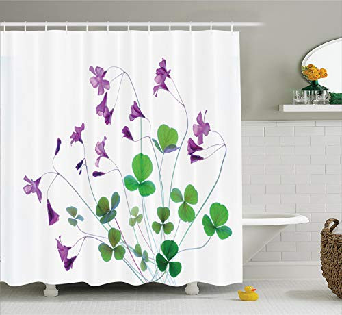 Ambesonne Flower House Decor Collection, Springtime Garden Wildflowers and Clovers Modern Floral Theme Graphic Print, Polyester Fabric Bathroom Shower Curtain Set with Hooks, White Purple Green