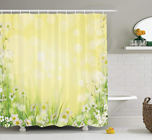 Ambesonne Flower House Decor Collection, Natural Field Wildflowers Sunshine Grass Springtime Blurred Image Print, Polyester Fabric Bathroom Shower Curtain, 84 Inches Extra Long, Yellow Green White