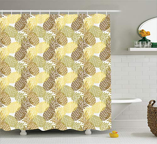 Ambesonne Pineapple Shower Curtain, Summer Themed Overlapping Curving Exotic Tropical Pineapples with Lines Print, Cloth Fabric Bathroom Decor Set with Hooks, 75" Long, Yellow Brown