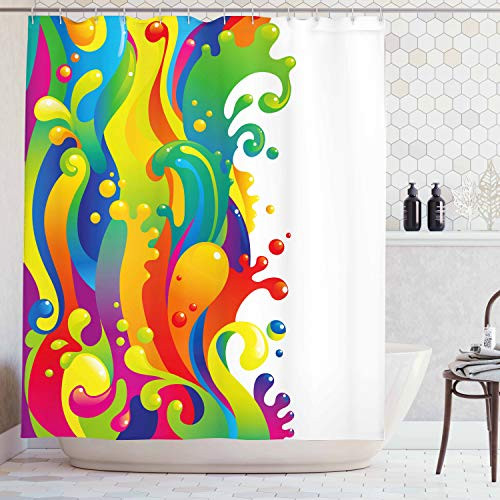 Ambesonne Psychedelic Shower Curtain, Digital Made Fluid Rainbow Color Paint Splash Contemporary Psychedelic Design, Cloth Fabric Bathroom Decor Set with Hooks, 70" Long, Rainbow Colors