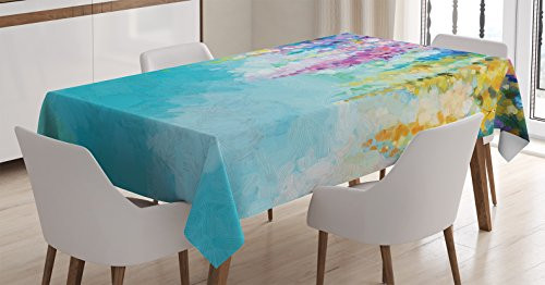 Ambesonne Flower Tablecloth, Abstract Ivy Romantic and Landscape Spring Floral Artwork Nature Theme, Dining Room Kitchen Rectangular Table Cover, 52" X 70", Turquoise Purple