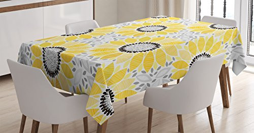 Ambesonne Yellow Tablecloth, Colorful Illustration of Sun Flower with Motifs and Patterns Summer Nature Artprint, Dining Room Kitchen Rectangular Table Cover, 52" X 70", Yellow Grey
