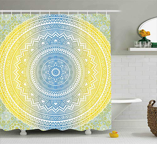 Ambesonne Blue and Yellow Shower Curtain, Ombre Mandala Oriental Universe Spirit and Themed Image Art, Cloth Fabric Bathroom Decor Set with Hooks, 70" Long, Blue Yellow