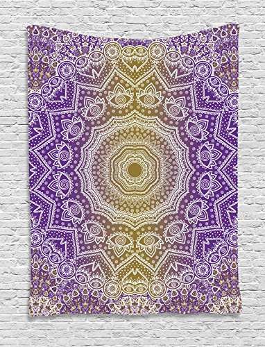 Ambesonne Yellow and Purple Tapestry, Mandala Ombre East Tradition Deep Mystic Magic in Cosmos Psychic Image, Wall Hanging for Bedroom Living Room Dorm Decor, 40" X 60", Violet