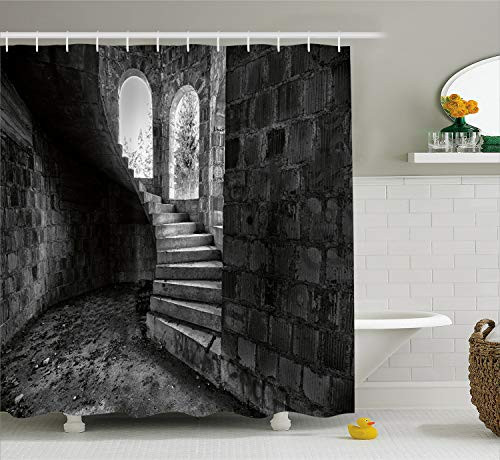 Rustic Shower Curtain by Ambesonne, Circular Medieval Brick Staircase Vacant Castle Architecture Art of Photography Print, Fabric Bathroom Decor Set with Hooks, 70 Inches, Grey