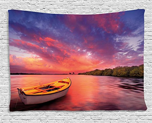 Ambesonne Sunset Tapestry, Enchanted Coast with a Rowboat Under Hazy Sky Peaceful Nature Image, Wide Wall Hanging for Bedroom Living Room Dorm, 60" X 40", Purple Pink Ambesonne Sunset Tapestry, Enchanted Coast with a Rowboat Under Hazy Sky Peaceful Nature Image, Wide Wall Hanging for Bedroom Living Room Dorm, 60" X 40", Purple Pink