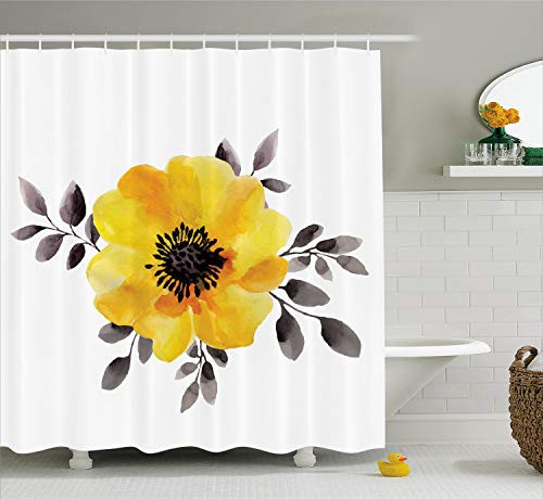 Ambesonne Flower Decor Shower Curtain, Watercolored Image of Single Flower and Leaves Abstract Design Modern Art, Fabric Bathroom Decor Set with Hooks, 70 Inches, Yellow and Grey