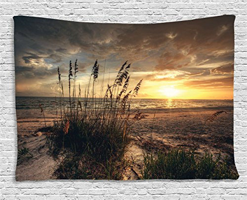 Ambesonne Beach Tapestry by, Calm Coastal Scene with Horizon in the Middle of Nowhere Cloudy Sunset Ocean Picture, Wall Hanging for Bedroom Living Room Dorm, 60WX40L Inches, Tan Yellow