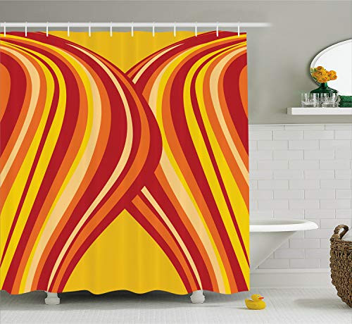Ambesonne Retro Shower Curtain, Wavy Vertical Stripes Entwined Curvy Abstract Artwork Graphic Illustration Art, Cloth Fabric Bathroom Decor Set with Hooks, 70" Long, Yellow Orange Red