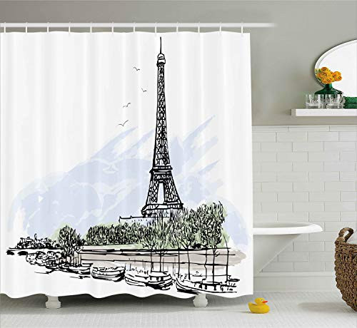 Ambesonne Paris Shower Curtain, Architecture Theme Illustration of Eiffel Tower Birds and Trees Pattern Print, Cloth Fabric Bathroom Decor Set with Hooks, 70" Long, Black and White