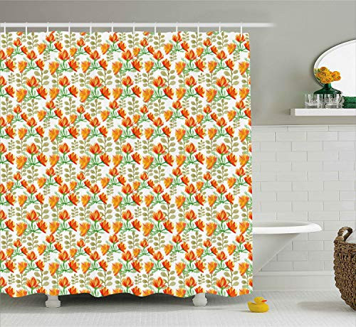 Ambesonne Floral Shower Curtain, Charming Blossom Garden Field Spring Branches Watercolor Artwork, Cloth Fabric Bathroom Decor Set with Hooks, 70" Long, Vermilion Yellow
