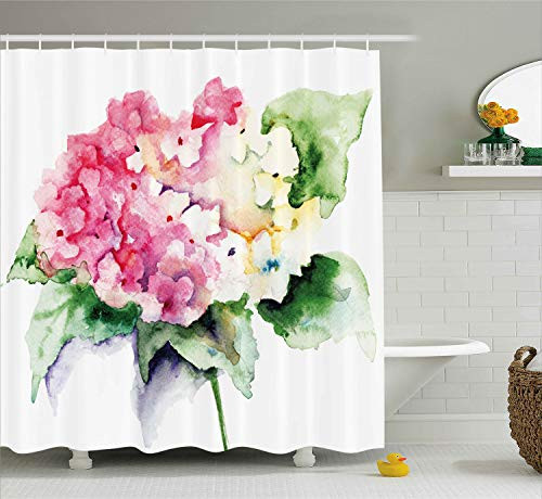Ambesonne Floral Shower Curtain, Hydrangea Flower Bouquet in Watercolor Blossoms Botany Petals Image, Cloth Fabric Bathroom Decor Set with Hooks, 70" Long, Pink Yellow