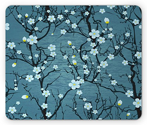 Lunarable Floral Mouse Pad, Sakura Tree Branches Pale Japanese Cherry Blossom Spring Form, Rectangle Non-Slip Rubber Mousepad, Standard Size, Blue Black