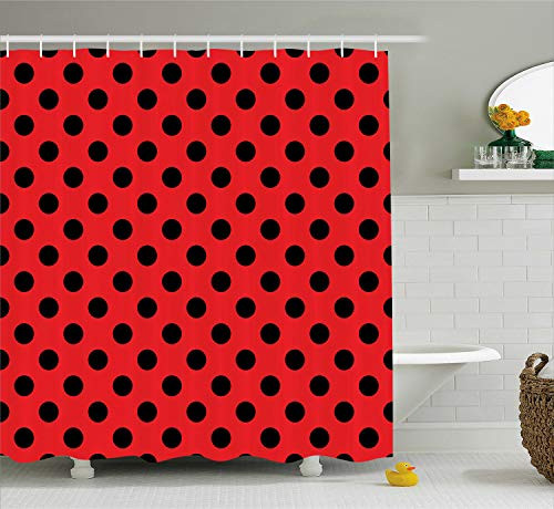 Ambesonne Red and Black Shower Curtain, Retro Vintage Pop Art Theme Old 60s 50s Rocker Inspired Bold Polka Dots Image, Cloth Fabric Bathroom Decor Set with Hooks, 75" Long, Scarlet