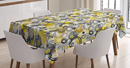 Ambesonne Grey and Yellow Tablecloth, Hand Drawn Sketchy Geometrical Retro Modern Circles Image, Dining Room Kitchen Rectangular Table Cover, 52" X 70", Grey Yellow