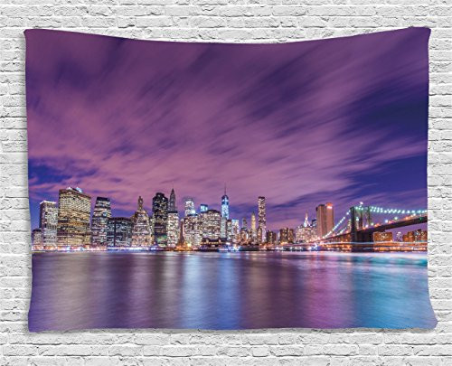 Ambesonne Modern Tapestry, New York City Skyline at Night with Skyscrapers Manhattan USA American Panorama, Wide Wall Hanging for Bedroom Living Room Dorm, 80" X 60", Violet Purple