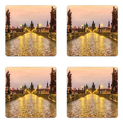 Ambesonne Landscape Coaster Set of 4, Charles Bridge Old Town Prague Czech Republic with Classic Medieval Buildings, Square Hardboard Gloss Coasters for Drinks, Standard Size, Yellow Brown