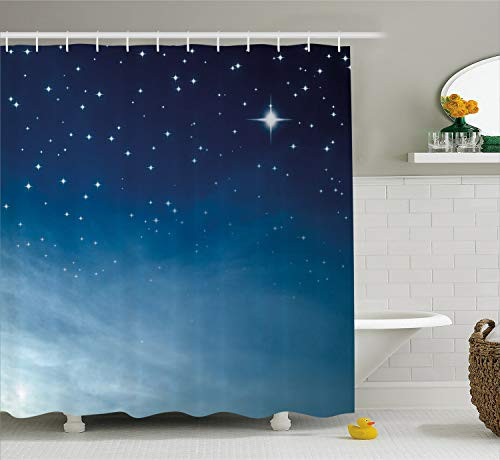 Ambesonne Night Shower Curtain, Ombre Inspired Sky with Vibrant Stars Universe Astronomy Exploration, Cloth Fabric Bathroom Decor Set with Hooks, 70" Long, Blue Ombre