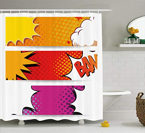 Ambesonne Superhero Shower Curtain, Comic Strip Bubbles Backdrop in Figure Logo Fantasy Fiction Theme, Fabric Bathroom Decor Set with Hooks, 84 inches Extra Long, Red Fuchsia Earth Yellow