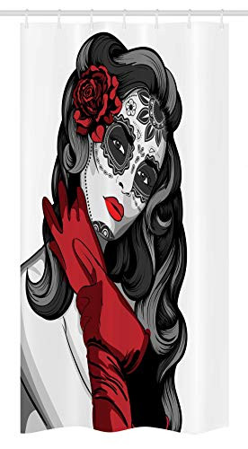 Ambesonne Skull Stall Shower Curtain, Sugar Skull Lady with Mexican Style Floral Mask Evil Gothic Dead Art, Fabric Bathroom Decor Set with Hooks, 36" X 72", White Black