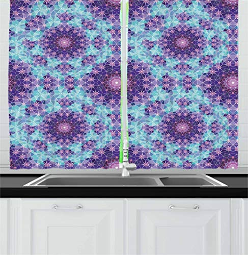 Ambesonne Purple Mandala Kitchen Curtains, Geometric Mosaic Fractal Sign of Universe Graphic Art, Window Drapes 2 Panel Set for Kitchen Cafe Decor, 55" X 39", Mauve Lilac
