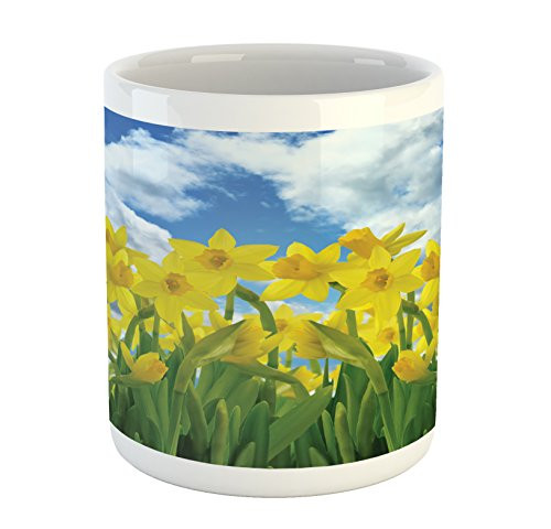 Lunarable Daffodils Mug, Field of Daffodil Flowers Against Summer Sky Cloudscape Picture Print, Ceramic Coffee Mug Cup for Water Tea Drinks, 11 oz, Yellow Green