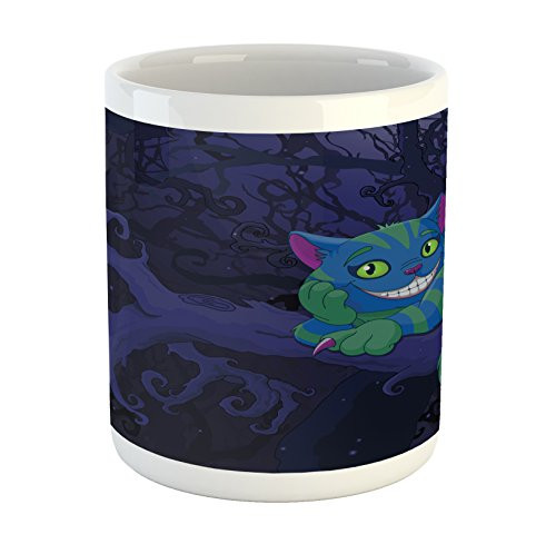 Lunarable Alice in Wonderland Mug, Chester Cat Sitting on Branch Fairytale Forest with Character, Ceramic Coffee Mug Cup for Water Tea Drinks, 11 oz, Purple Green