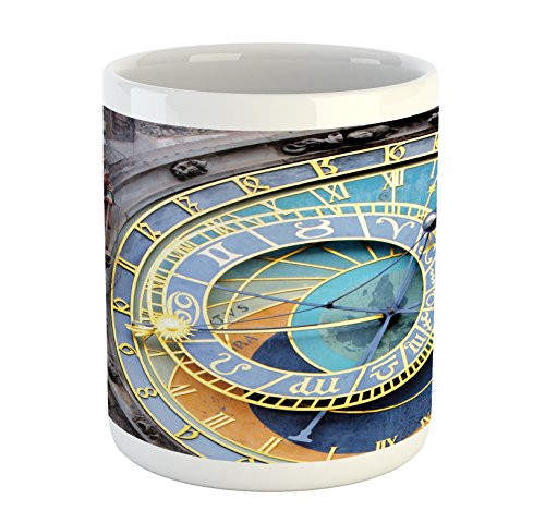 Ambesonne Clock Mug, Prague Astronomical Clock in the Old Town an European Medieval Landmark of City, Ceramic Coffee Mug Cup for Water Tea Drinks, Blue and Yellow