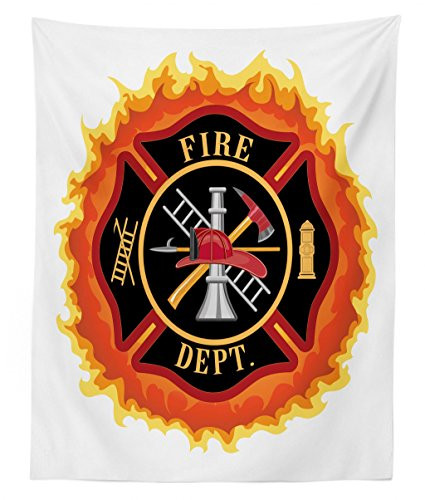 Lunarable Fireman Tapestry Twin Size, Fire Department with Ladder Public Service Essential Tools of Firefighters, Wall Hanging Bedspread Bed Cover Wall Decor, 68" X 88", Multicolor