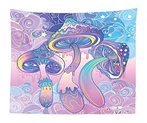 Lunarable Mushroom Tapestry King Size, Trippy Drawing Hippie Design Sixties Visionary Psychedelic Shamanic, Wall Hanging Bedspread Bed Cover Wall Decor, 104" X 88", Aqua Pale Pink Purple