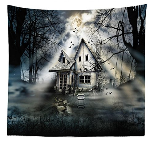Lunarable Halloween Tapestry Queen Size, Haunted House with Dark Horror Atmosphere Cloudy Mysterious Frightening, Wall Hanging Bedspread Bed Cover Wall Decor, 88" X 88", Grey White Black
