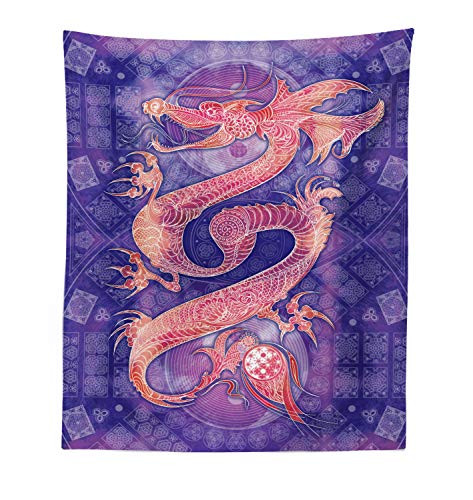Lunarable Dragon Tapestry, Chinese with Ying Yang Signs Patterns Arts Meditation Themed, Fabric Wall Hanging Decor for Bedroom Living Room Dorm, 23" X 28", Purple Coral