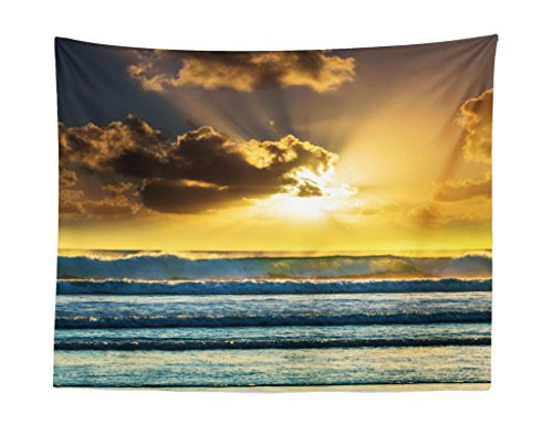 Lunarable Ocean Tapestry, Sunbeams Grey Clouds Waves of The Sea at a Sunset at Lofoten Norway Picture, Fabric Wall Hanging Decor for Bedroom Living Room Dorm, 28" X 23", Blue Yellow