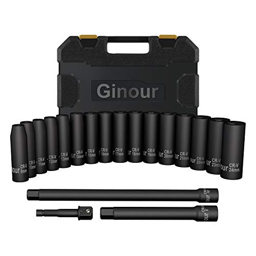 Ginour 1/2-Inch Drive Deep Impact Socket Set,19-Piece,Metric, CR-V, 6 Point, 8mm - 24mm,16-Sockets
